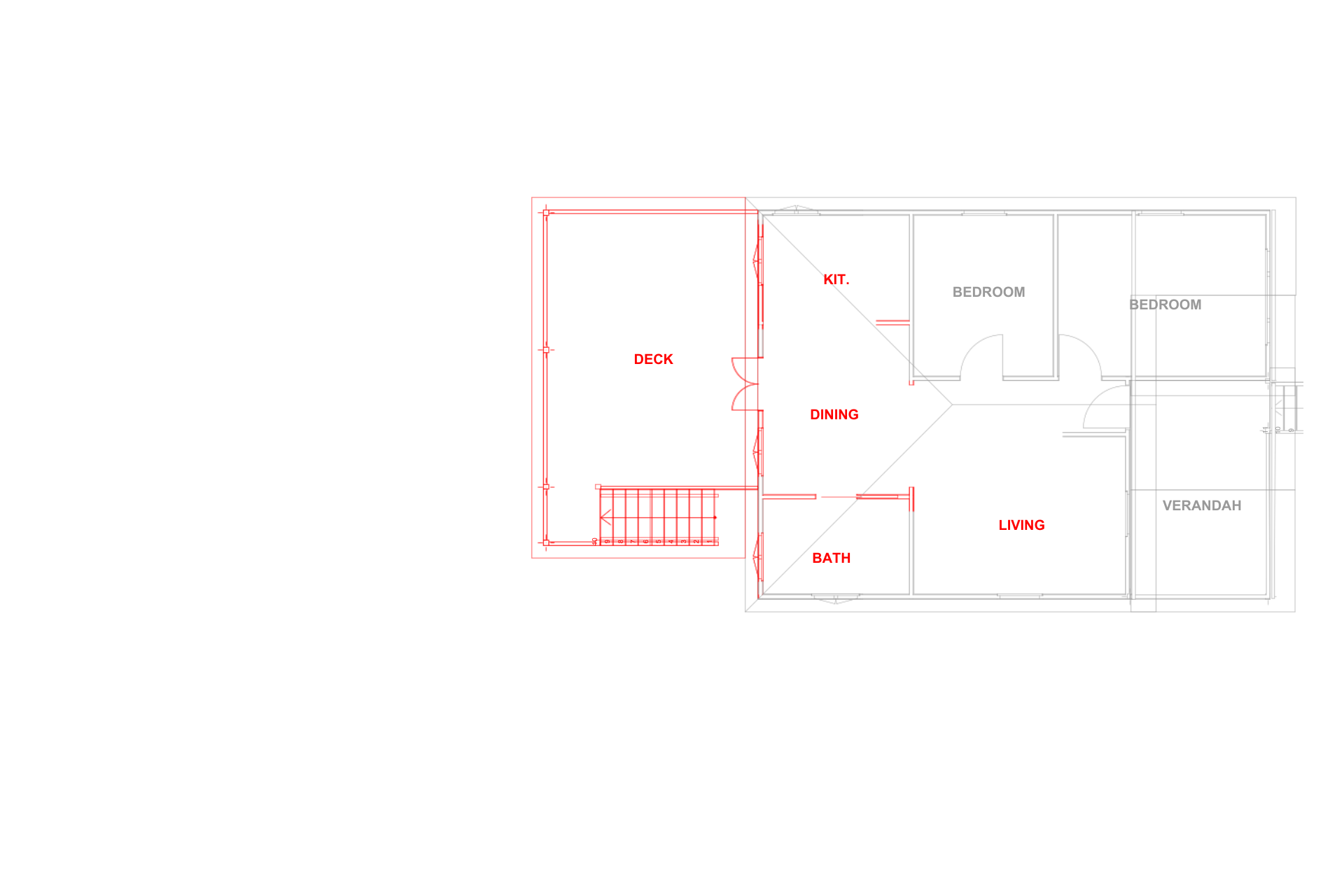 Floor plan layout for a residential house with labeled areas such as kitchen, dining, living, bedrooms, bath, and verandah.