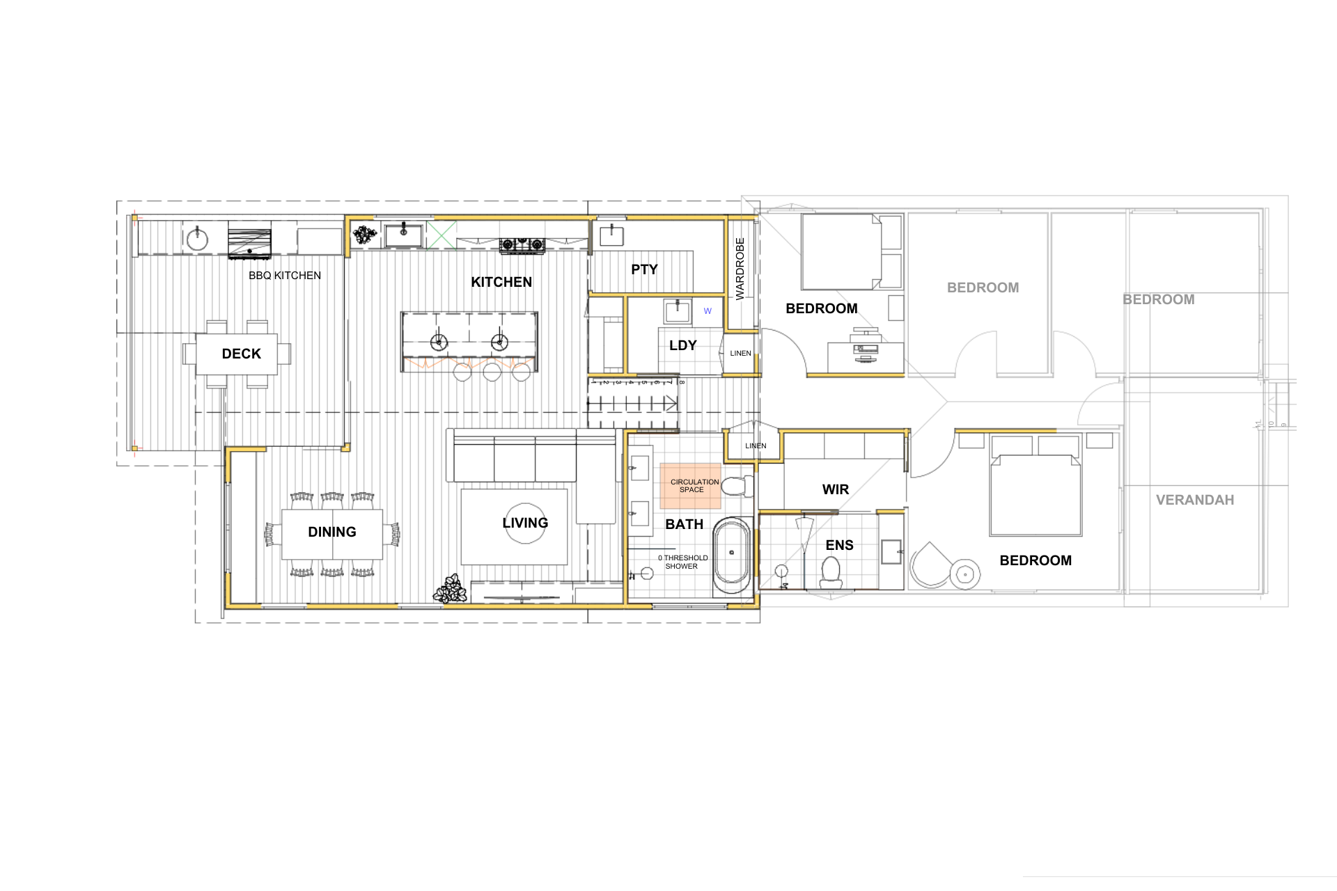 Floor plan of a proposed house layout, featuring kitchen, dining, living, bedrooms, bathroom, ensuite, and verandah.