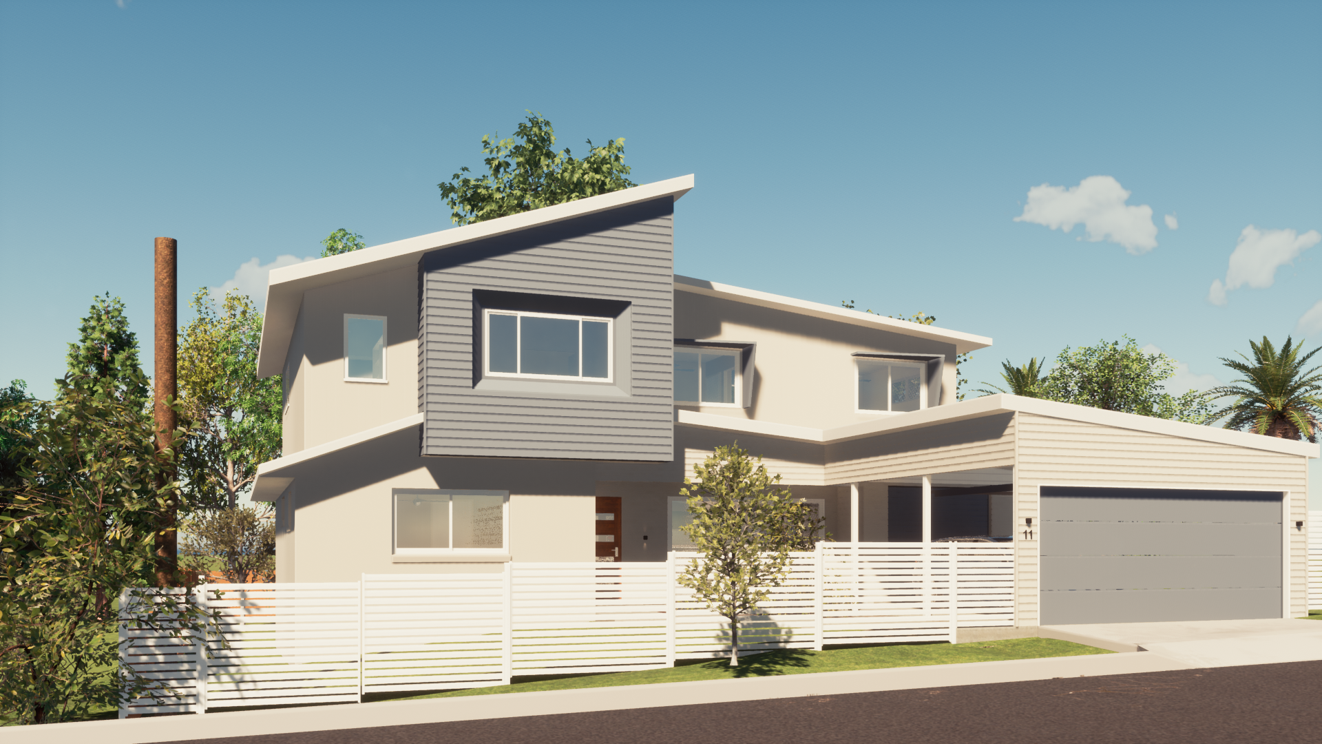 Modern home with a unique facade and garage, surrounded by greenery.