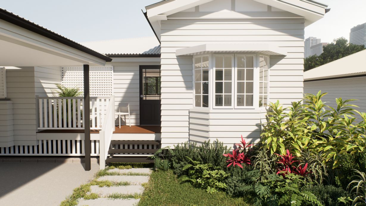 Front exterior of a modern white house with landscaped garden and entry steps