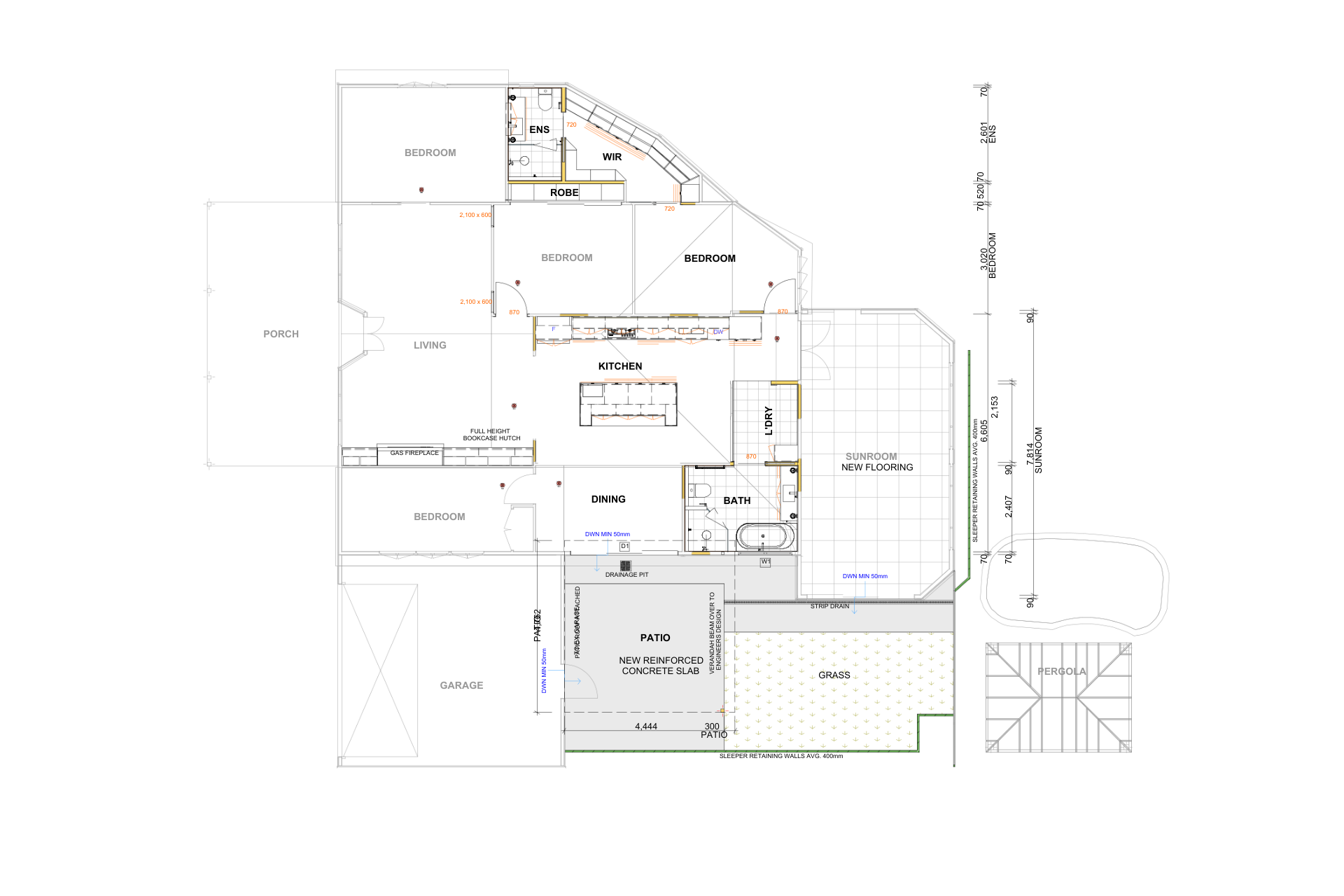 Detailed 2D architectural floor plan showing layout of bedrooms, kitchen, dining, living areas, bathrooms, patio, garage, and sunroom.