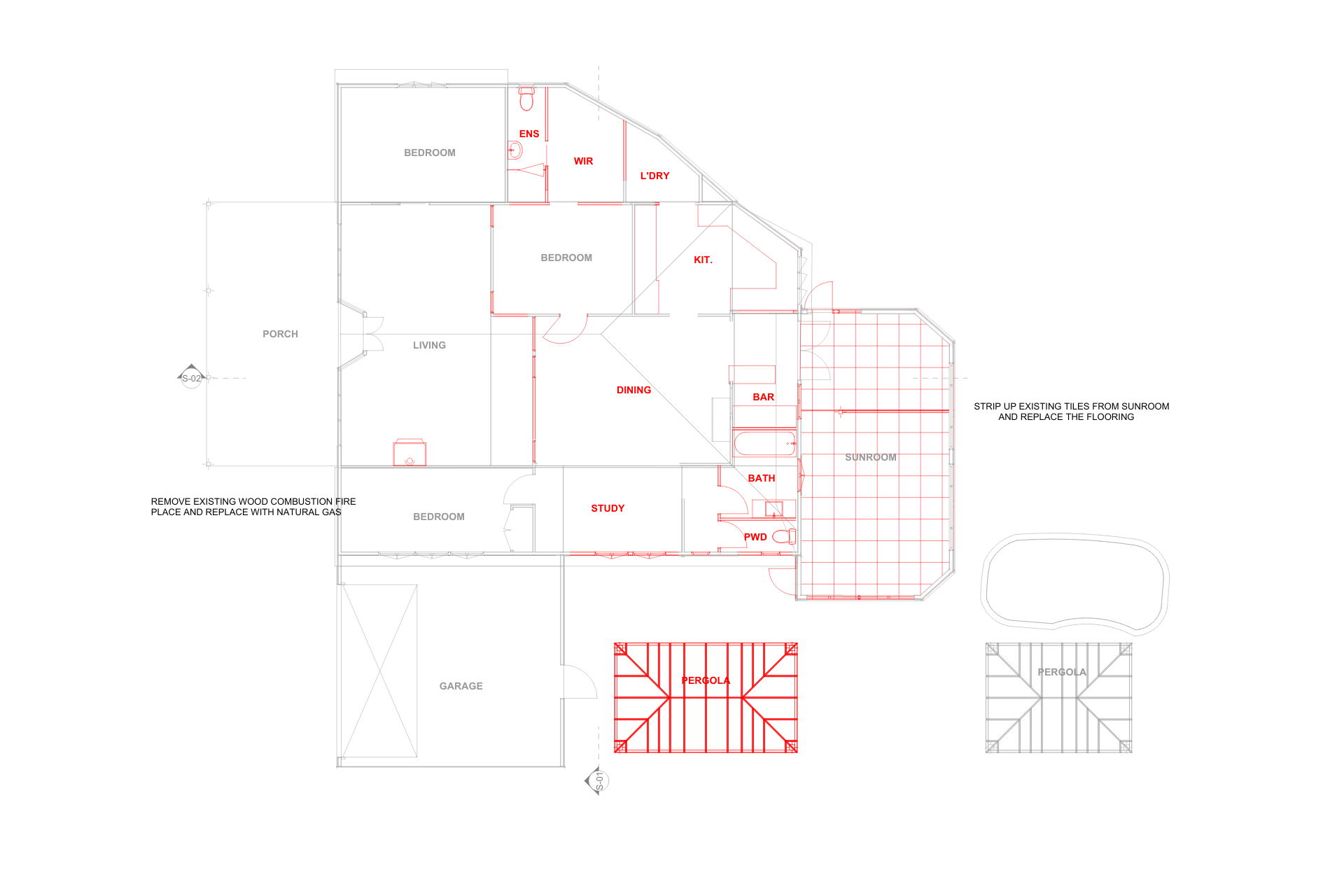 2D architectural floor plan of a residential home before renovation, showing bedroom, kitchen, dining, living areas, bathrooms, sunroom, garage, and pergola layout.