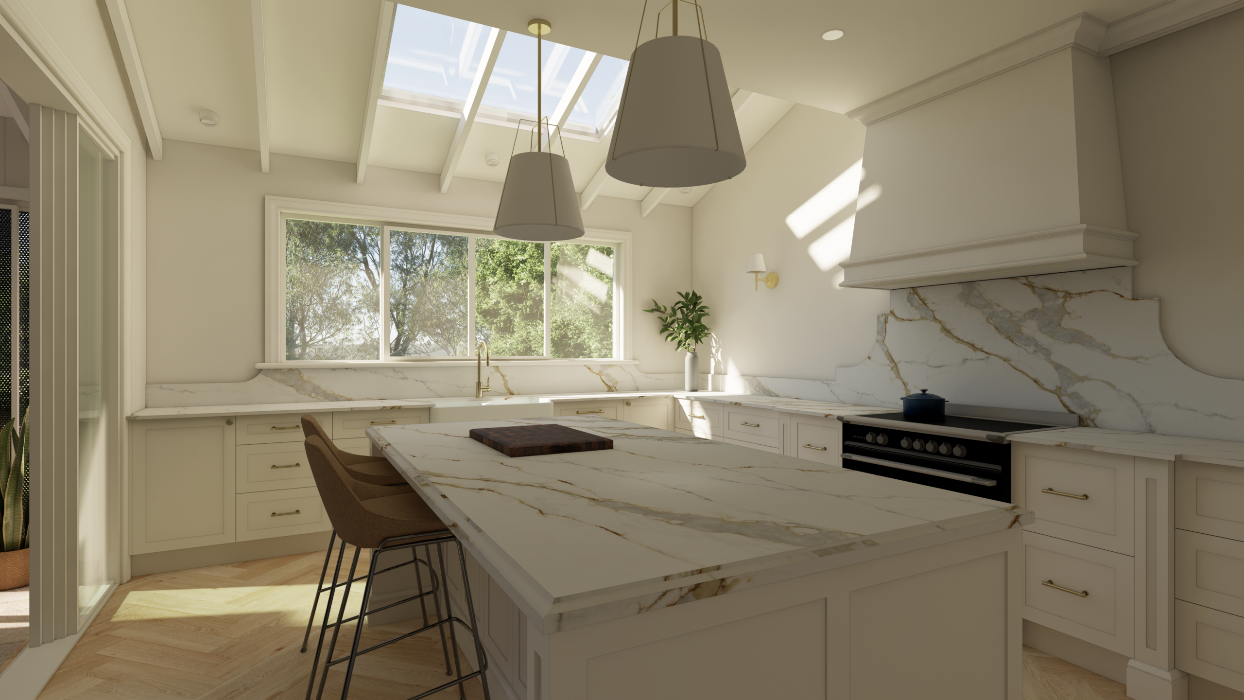 3D Enscape interior render of a modern living space with seating and décor.
